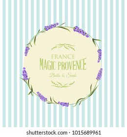 The lavender elegant card with a frame of flowers and text. Lavender garland for your text presentation. Label of soap package. Label with lavender flowers. Vector illustration.