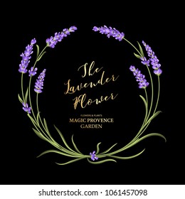 The lavender elegant card with frame of flowers and text. Lavender garland for your text presentation. Label of soap package on black background. Vector illustration.