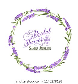 The lavender elegant card with frame of flowers and text. Lavender garland for your text presentation. Label of soap package. Label with lavender flowers. Vector illustration.