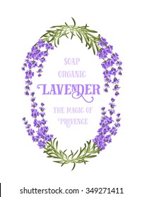 The lavender elegant card with frame of flowers and text. Lavender garland for your text presentation. Label of soap package. Label with lavender flowers. Vector illustration.