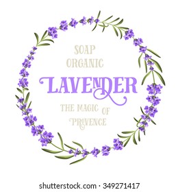 The lavender elegant card with frame of flowers and text. Lavender garland for your text presentation. Label of soap package. Label with lavender flowers. Vector illustration.