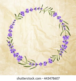 The lavender elegant card with frame of flowers and text. Lavender garland for your text presentation. Label of soap package. Label with lavender flowers. Vector illustration.