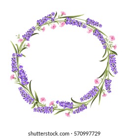 The lavender elegant card with frame of flowers. Lavender wreath for your text presentation. Label with violet flowers. Vector illustration.