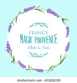 The lavender elegant card with frame of flowers and text. Flower garland for your text presentation. Label of soap package. Sticker with lavender flowers. Vector illustration.