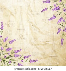 The lavender elegant card. Vintage postcard background vector template for wedding invitation. Label with lavender flowers. Vector illustration.