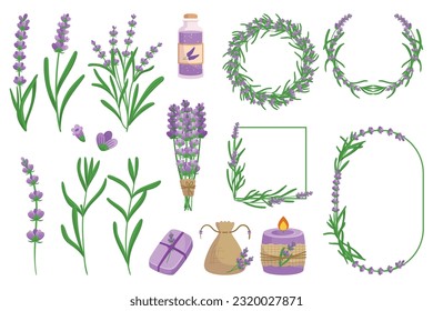 Lavender Elements Set, Collection Of Lavender-themed Elements, Including Flowers, Leaves, And Sprigs. Soap, Bottle, Candle, Frames and Borders For Creating Elegant Designs. Cartoon Vector Illustration