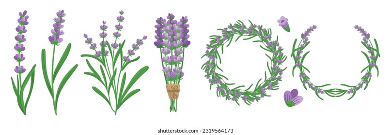 Lavender Elements Set Featuring Lavender Flowers, Leaves, Stems, Round Frame or Wreath. Perfect For Creating Botanical Designs, Invitations, And Diy Projects. Cartoon Vector Illustration