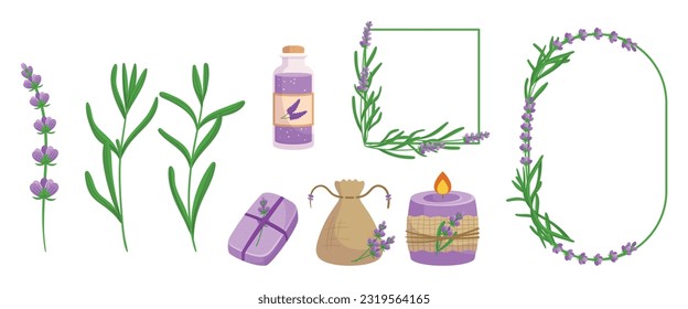 Conjunto de elementos de lavanda. Aceite Esencial, Velas, Productos De Baño, Fronteras Y Decoración Doméstica, Que Promueven La Relajación Y Un Sentido De Tranquilidad. Ilustración del vector de dibujos animados