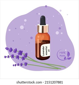 Aceite esencial de lavanda en frasco de vidrio oscuro. Rama de lavanda. Colección de aceites para aromaterapia y spa. Ilustración plana vectorial de dibujos animados aislada en fondo blanco.