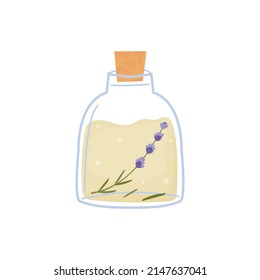 lavender essential oil. glass bottle with wooden stopper,  branch of plant the bottom. Isolated on white background clip-art. Vector illustration, hand drawn