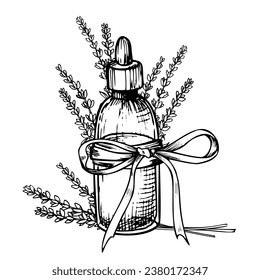 Aceite Esencial de Lavanda. Ilustración vectorial lineal dibujada a mano de la botella vintage para aromaterapia en colores blanco y negro. Dibujo de Flacon antiguo con Flores para medicina cosmética o alternativa.