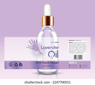 Lavender Essential Oil Label Design 3D illustration glass bottle with golden dropper