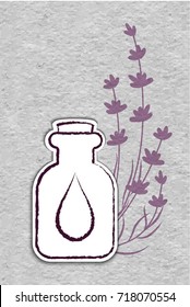 Lavender essential oil logo. Aromatherapy logo. Icon with a drop of lavender essential oil. A bottle with essential oil of lavender (flat icon). Material design, paper textured.
