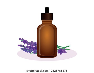 Óleo facial de lavanda em uma ilustração vetor garrafa de vidro marrom. Frasco para injetáveis de óleo de alfazema com um ícone de conta-gotas isolado sobre um fundo branco. Garrafa cosmética com desenho de óleo essencial