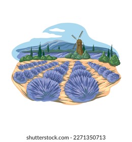 Lavender field. Countryside illustration. Abstract provence landscape. Mill, View of a field with lavender flowers, Provence France