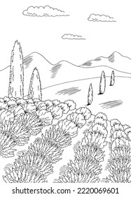 Lavender field flower graphic black white landscape vertical sketch illustration vector 