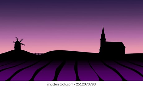 Lavender field landscape, flat color illustration