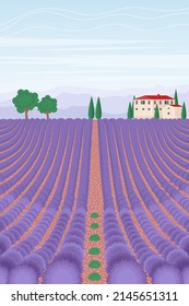 Lavender Field Landscape. Summer Vertical Background. Vector Illustration In Flat Style