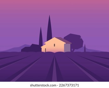 Campo de lavanda, paisaje minimalista en tonos violetas