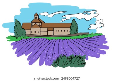 Lavender field and monastery, castle. hand drawn sketch in doodles. Vector illustration for design of packaging, poster, banner, postcard