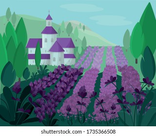 Lavender field Provence style with monastery, church, abbeys illustration. Vector stock illustration for label, logotype cosmetic product, print industry. EPS10