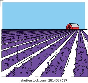 Lavender Field with Red Barn Vector Illustration