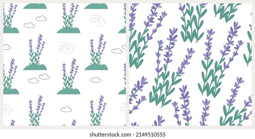 Lavender field seamless pattern set, flat vector illustration. Floral background with clouds and rain. Great for wrapping paper or textile print.