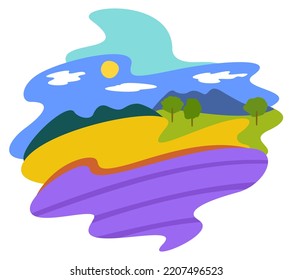 Lavender field. Summer bright abstract landscape. Sky, mountains, fields and trees in Provence. Vector composition isolated on white background.