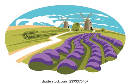 Campo de lavanda con molinos de viento tradicionales. Francia. Paisaje tradicional de Provenza. Temporada veraniega florida. Ilustración plana del vector