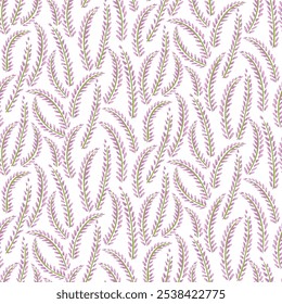 A lavender field in water color style on white background. Minimal painted floral pattern in purple and green palette. A seamless vector pattern. Great for home decor, fabric, wallpaper, gift wrap.