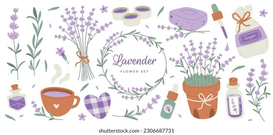 Ilustraciones planas de lavanda. Fragrante bebida caliente, aceite esencial, suero, jabón y velas. Líquido aromático orgánico. Corona de lavanda y ramo. Elementos de diseño de plantas