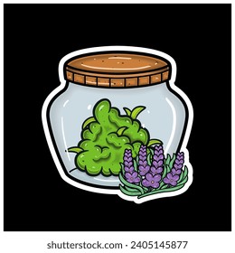 Lavender Flavor With Cartoon Mascot of Weed Bud On Jar. For Sticker and label. Vector and Illustration.