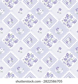 Lavender floral diamond seamless pattern. Vintage patchwork botanical design with delicate flowers on light background. Repeat pattern. Flower pattern. Botanic surface design. Floral print for, wrapping paper, decor, wallpaper and background. Vector Illustration.