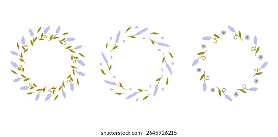 Conjunto De Quadros Florais Lavanda. Rústico Herbal Circle Bordas com flores Twigs Sprigs ramos e folhas para cartão de saudação e design de convite. Ilustração vetorial