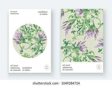 Lavender floral pattern cover design. Hand drawn flower. Elegant trendy artistic background blossom greenery branche. Graphic illustration wedding, invitation, poster, card, cover book, catalog