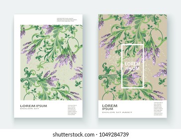 Lavender floral pattern cover design. Hand drawn flower. Elegant trendy artistic background blossom greenery branche. Graphic illustration wedding, invitation, poster, card, cover book, catalog