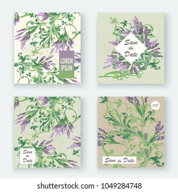 Lavender floral pattern cover design. Hand drawn flower. Elegant trendy artistic background blossom greenery branche. Graphic illustration wedding, invitation, poster, card, cover book, catalog