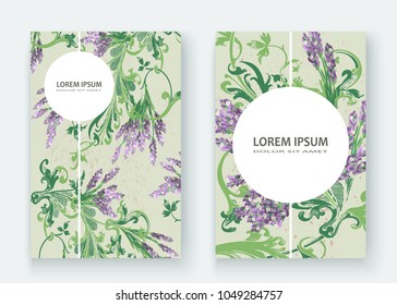 Lavender floral pattern cover design. Hand drawn flower. Elegant trendy artistic background blossom greenery branche. Graphic illustration wedding, invitation, poster, card, cover book, catalog