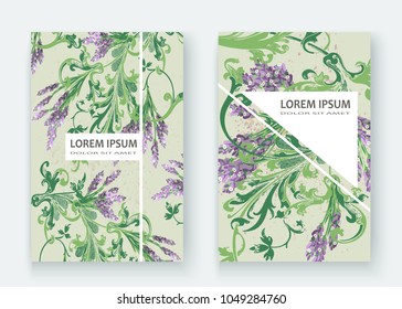 Lavender floral pattern cover design. Hand drawn flower. Elegant trendy artistic background blossom greenery branche. Graphic illustration wedding, invitation, poster, card, cover book, catalog