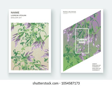 Lavender floral pattern cover design. Hand drawn creative flower. Elegant trendy artistic background blossom greenery branche. Graphic illustration wedding, invitation, poster, card, cover book