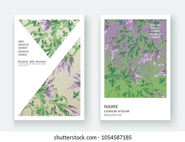 Lavender floral pattern cover design. Hand drawn creative flower. Elegant trendy artistic background blossom greenery branche. Graphic illustration wedding, invitation, poster, card, cover book