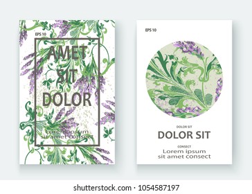Lavender floral pattern cover design. Hand drawn creative flower. Elegant trendy artistic background blossom greenery branche. Graphic illustration wedding, invitation, poster, card, cover book