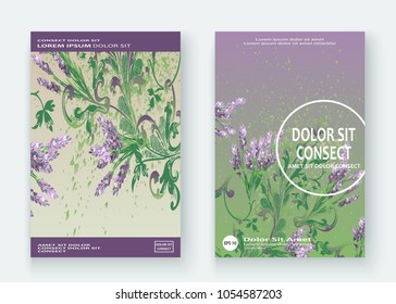 Lavender floral pattern cover design. Hand drawn creative flower. Elegant trendy artistic background blossom greenery branche. Graphic illustration wedding, invitation, poster, card, cover book