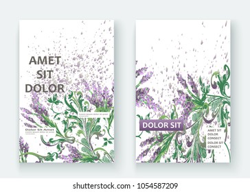 Lavender floral pattern cover design. Hand drawn creative flower. Elegant trendy artistic background blossom greenery branche. Graphic illustration wedding, invitation, poster, card, cover book