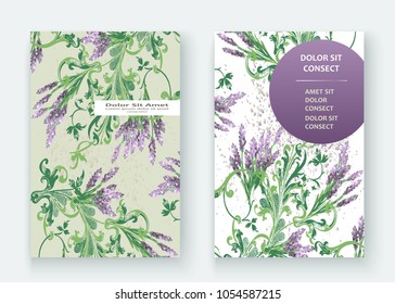 Lavender floral pattern cover design. Hand drawn creative flower. Elegant trendy artistic background blossom greenery branche. Graphic illustration wedding, invitation, poster, card, cover book