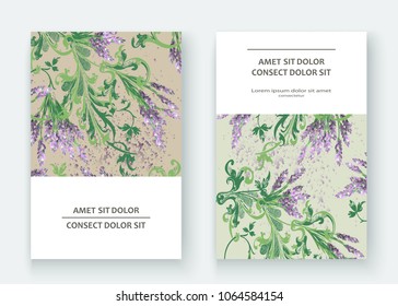 Lavender floral pattern cover design. Hand drawn baroque flower. Elegant trendy background blossom greenery branche. Graphic illustration wedding, invitation, poster, card, cover, catalog vector
