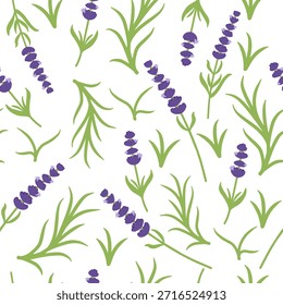 Lavendel florales nahtloses Muster mit grünen Blättern, einfacher botanischer Vektorhintergrund für Stoffdruck, Tapete, Umschlagpapier, Schreibwaren und dekorative Designprojekte.