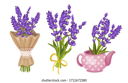 Lavender Floral Twigs Tied with Ribbon in Bunches and Put in Flowerpot Vector Set