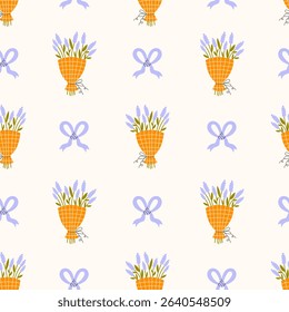 Lavender Flower Bouquet and Tied Bow Seamless Pattern. Modern minimal Festive Floral Background with hand drawn twigs and blossoms. Pastel colored repeat vector illustration