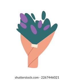 Lavender Flower Bouquet Wrapped in Paper, Decorative or Natural Element, Stems with Purple Blossoms, Beautiful Present Isolated on White Background. Cartoon Vector Illustration, Icon, Clip Art